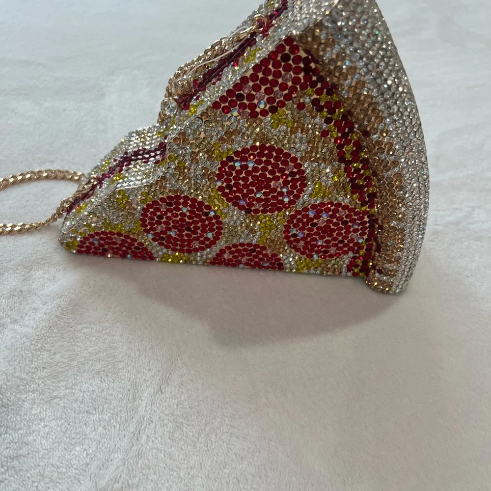 Embellished Pizza Slice Rhinestone Clutch in Red, Gold & Clear - Picture 15 of 16